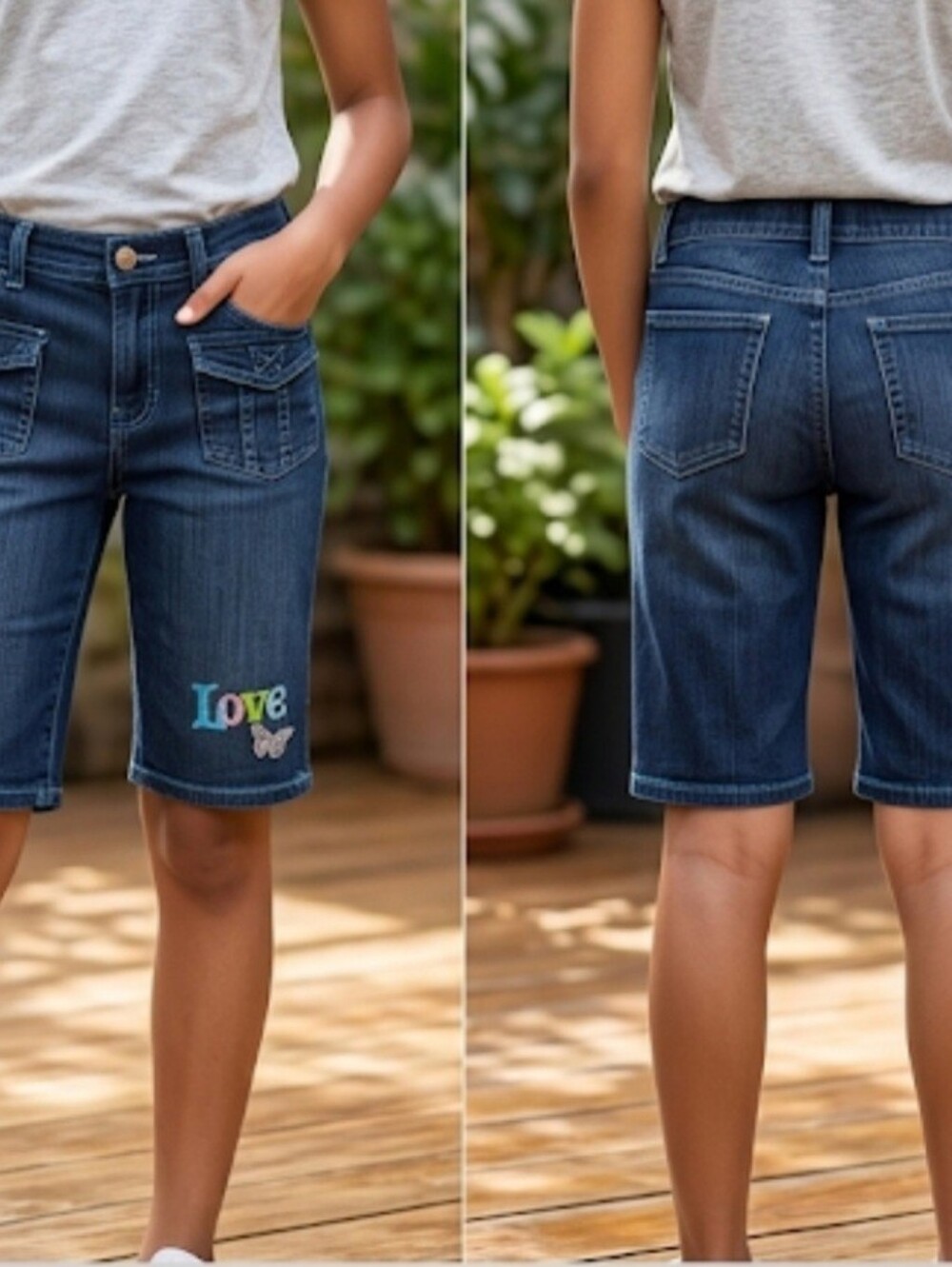 Y2K Embroidered Butterfly Dark Wash Denim Capri Shorts 12